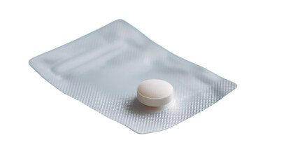 Single white round pill in a blister pack isolated on transparent background