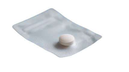 Single white round pill in a blister pack isolated on transparent background