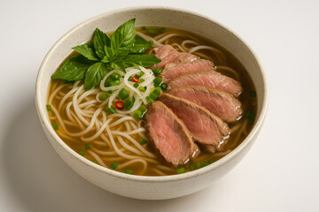 Vietnamese pho with rare beef and herbs in a ceramic bowl