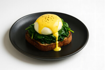 Poached egg and spinach on toast with hollandaise on black ceramic