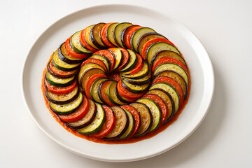 Ratatouille arranged neatly in a circular pattern on white ceramic