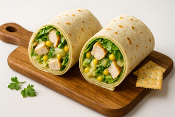 Chicken Caesar wrap sliced diagonally on a wooden board