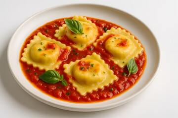 Ricotta-stuffed ravioli plated with basil tomato sauce