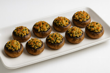 Stuffed mushrooms on a white ceramic rectangle platter