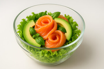 Avocado and salmon salad in a clear glass bowl