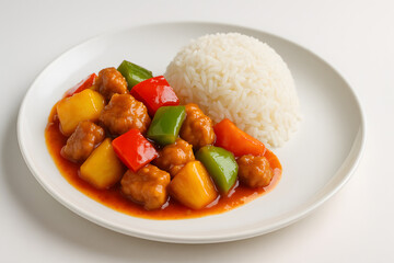 Sweet and sour pork served with jasmine rice on porcelain