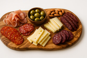 Charcuterie board with meats and cheeses on olive wood