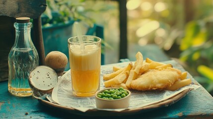 Vintage styled fish and chips served with juice and various sides on wooden surface