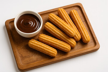 Churros with chocolate dip on a dessert board