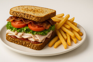 Turkey BLT sandwich on seeded bread with fries