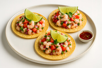 Ceviche tostadas layered on a tortilla platter,realistic photos