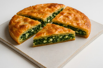 Spinach and feta pie sliced on a ceramic tile