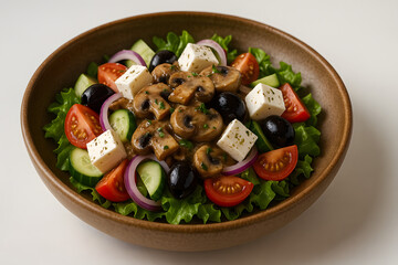 Greek salad in a wide clay bowl with feta chunks,realistic photos