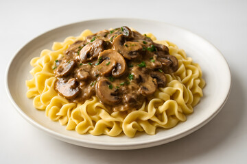 Mushroom stroganoff with pasta on a deep round plate