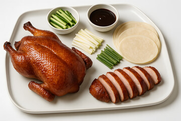 Peking duck with pancakes on a large white tray