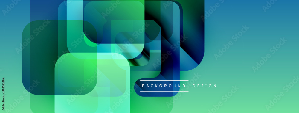 Poster abstract geometric shapes overlap, creating vibrant gradient effect. blue, green hues dominate desig