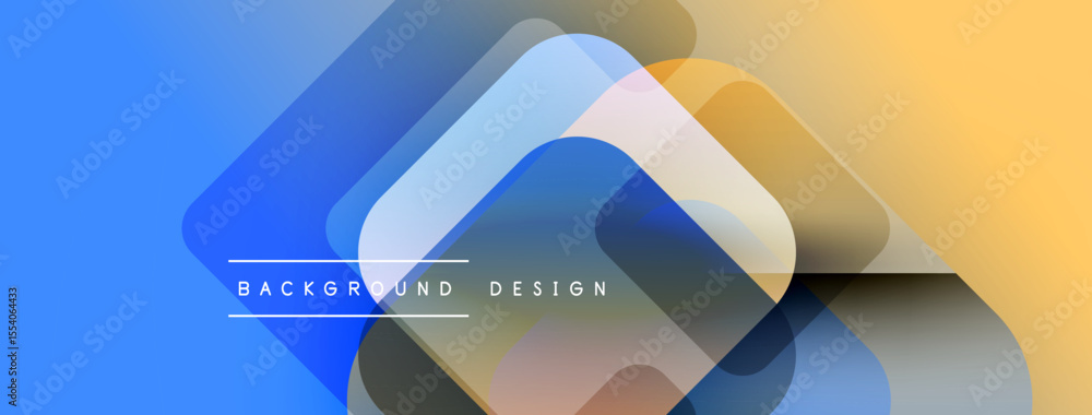 Poster abstract geometric shapes overlap, creating vibrant blue, orange gradients. modern design elements s