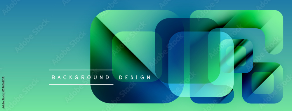 Poster Abstract geometric design. Overlapping squares create vibrant blue, green gradient. Text reads background design. Modern, clean aesthetic.