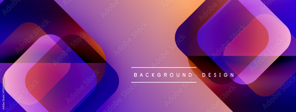 Poster Abstract background features overlapping squares, vibrant purple, pink hues. Modern design elements create dynamic visual effect.