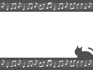 猫　モノクロ　音符　シルエット　フレーム　壁紙　背景　イラスト