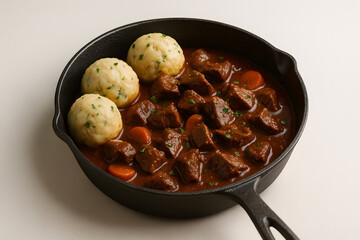Beef goulash with dumplings in a cast-iron dish,realistic photos