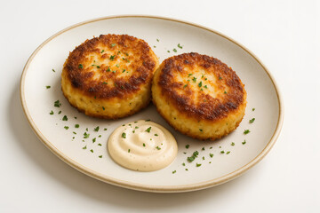 Crab cakes with aioli on a ceramic appetizer dish