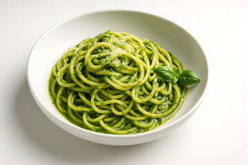 Zucchini noodles with pesto in a round pasta bowl
