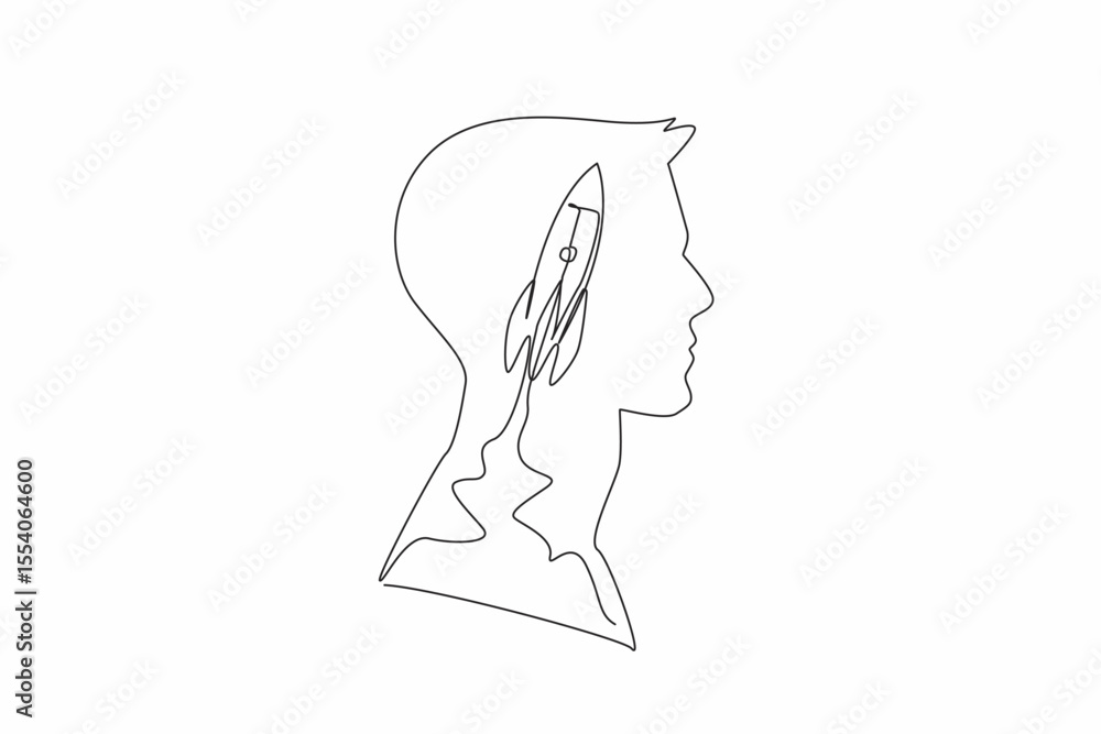 Aufkleber single one line drawing head of man with rocket in the middle of head with cloud of smoke. symbol of