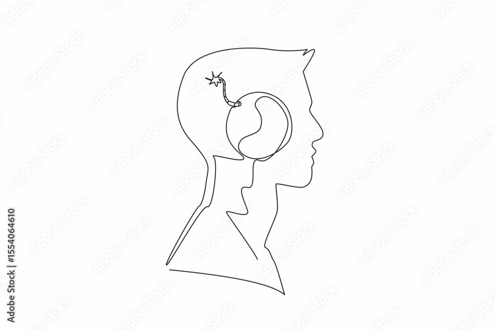 Poster single continuous line drawing the head of a man with large bomb in the middle of head with a burnin