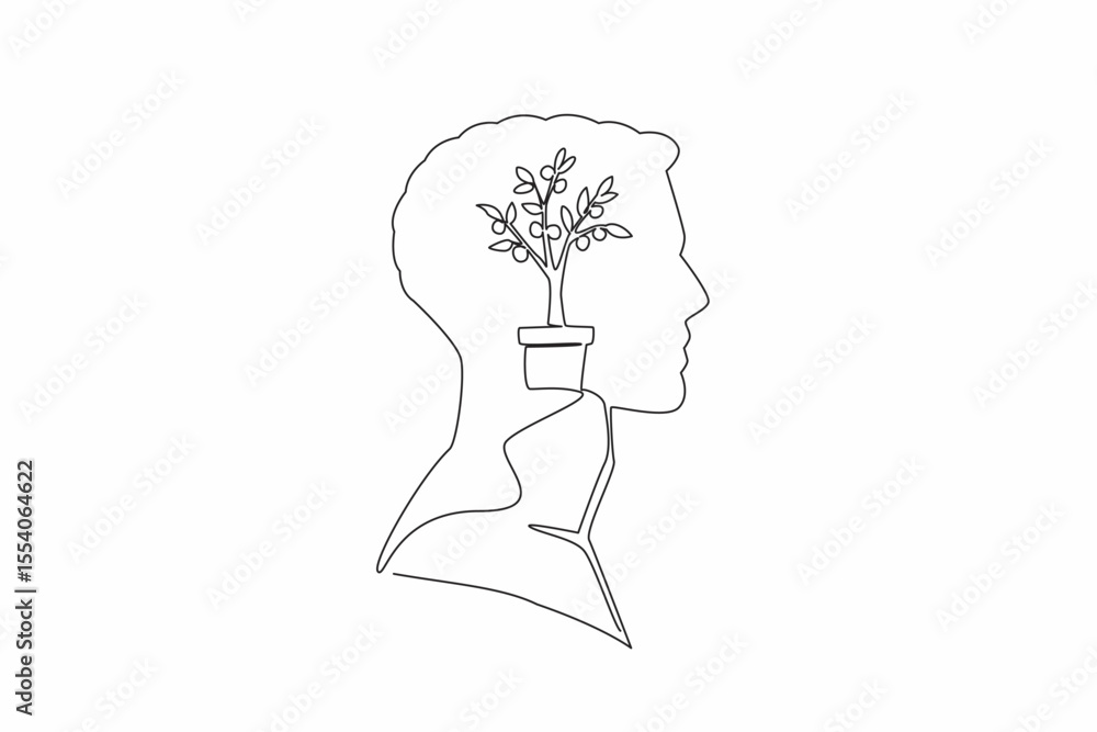 Poster single continuous line drawing the head of a man with a money tree in a pot in the middle of his hea