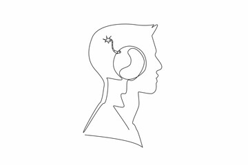 Single continuous line drawing the head of a man with large bomb in the middle of head with a burning fuse. Thinking about real threats. Inside the Head of Man. One line design vector illustration