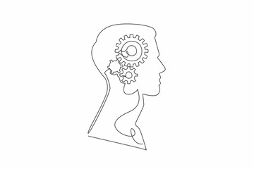 Single one line drawing the head of a man with a gear in the middle of his head. Resetting the brain. Trying to be more innovative. Inside the Head of Man. Continuous line design graphic illustration