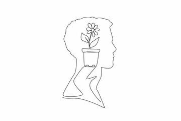 Single continuous line drawing head of man with pot containing flowering plant in the middle of head. Making a small garden. Inspiration. Inside the Head of Man. One line design vector illustration