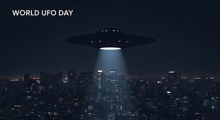 Celebrating World UFO Day Observing Unidentified Flying Objects Hovering Over City Lights in a Mysterious Night Sky Event