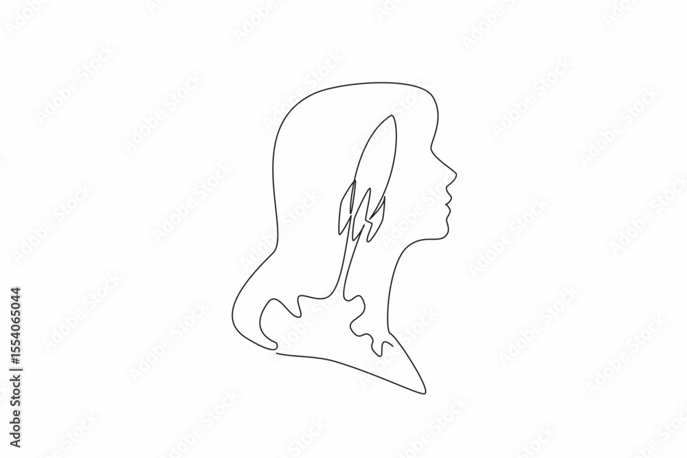 Poster continuous one line drawing head of woman with rocket in middle of head with cloud of smoke. prefere