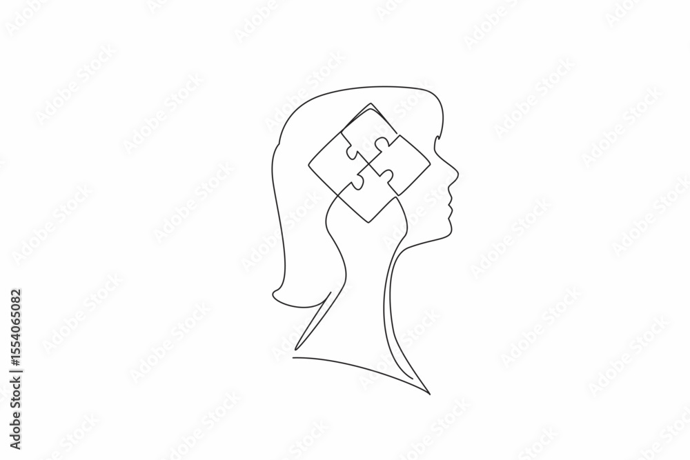 Poster continuous one line drawing the head of woman has a puzzle in the middle of her head. solve problems