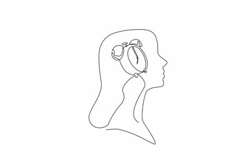Single continuous line drawing the head of a young woman has an alarm clock in the middle of her head. Work done. Waiting for home time. Inside the Head of Woman. One line design vector illustration