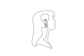 Single continuous line drawing the head of a young woman has a lightbulb in the middle of her head. Get inspiration to apply immediately. Inside the Head of Woman. One line design vector illustration