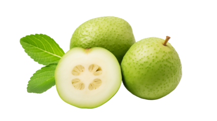 Fresh ash gourds are presented with vibrant green leaves and a cut cross-section on a transparent background.
