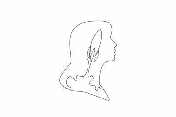 Continuous one line drawing head of woman with rocket in middle of head with cloud of smoke. Preference for advanced technology. Inside the Head of Woman. Single line draw design vector illustration