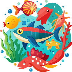 Naklejka premium Vivid flat sea creatures' illustration for an aquarium promo with white background.