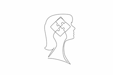 Continuous one line drawing the head of woman has a puzzle in the middle of her head. Solve problems one by one. Out of the box. Inside the Head of Woman. Single line draw design vector illustration