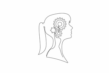 Continuous one line drawing the head of a young woman with a gear in the middle of her head. Critical thinking for more profit. Inside the Head of Woman. Single line draw design vector illustration