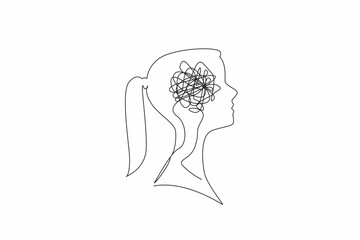 Single one line drawing the head of woman with a tangled wire in the middle of her head. Stress. Tired. Too many problems. Chaos. Inside the Head of Woman. Continuous line design graphic illustration