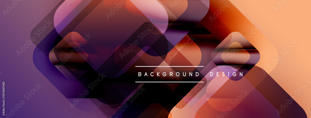 Poster abstract geometric shapes overlap, creating vibrant gradient effect. purple, orange hues dominate co