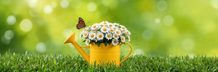 daisies flowers bouquet in yellow watering can and butterfly on table in garden