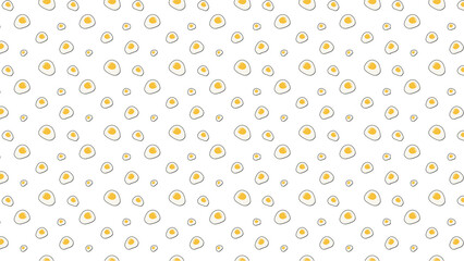 Seamless pattern of fried eggs scattered on a white background in a repeating arrangement design