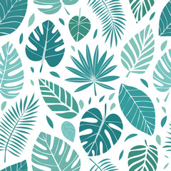 Fototapeta premium Teal and green tropical leaves seamless pattern on white background foliage botanical