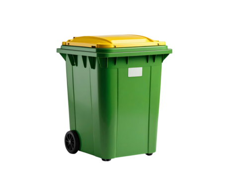  Green wheeled waste bin with yellow lid, front view, isolated on transparent background PNG 