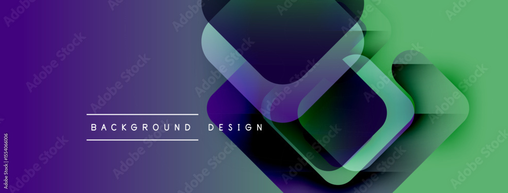 Poster Abstract gradient background features overlapping squares. Purple transitions to green. Text reads background design. Modern, dynamic visual.